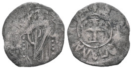 Andronicus II Palaeologus, AD 1282-1328. BI, Tornese. 0.71 g. 17.14 mm. Constantinople.
Obv: Andronicus standing facing, holding cross-tipped sceptre ...
