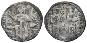 Andronicus II Palaeologus and Michael IX, AD 1282-1328. AR, Basilikon. 1.56 g. 20.81 mm. Constantinople.
Obv: KYPIE BOHΘEI. Christ seated on backless ...