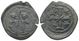 Andronicus II and Michael IX, AD 1282-1328. AE, Assarion. 2.12 g. 23.50 mm. Constantinople.
Obv: Andronicus, on left and Michael, on right, both stand...
