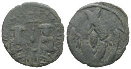 Andronicus II and Michael IX, AD 1282-1328. AE, Assarion. 2.15 g. 21.04 mm. Constantinople.
Obv: [ANDPONIKOC MIXAHL]. Andronicus, on left and Michael,...