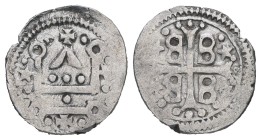 Crusaders, Mytilene (Lordship). Francesco I Gattilusio, AD 1355-1384. Bl, Denaro. 0.88 g. 14.49 mm.
Obv: Castle Tournois.
Rev: Palaeologantetragramm...
