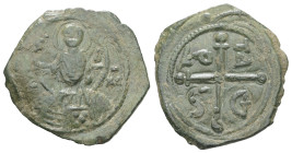 Crusaders. Antioch. Tancred, regent, AD 1101-1112. AE, Follis. 3.12 g. 23.40 mm. 
Obv: St. Peter standing facing, raising his right hand in blessing a...