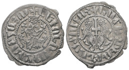 Armania. Levon I, AD 1198-1219. AR, Tram. 2.92 g. 25.42 mm. 
Obv: ԼԵԻՈՆ ԹԱԳԱԻՈՐ ՀԱՅՈՑ. (Translation: Levon King of the Armenians). King seated on thro...