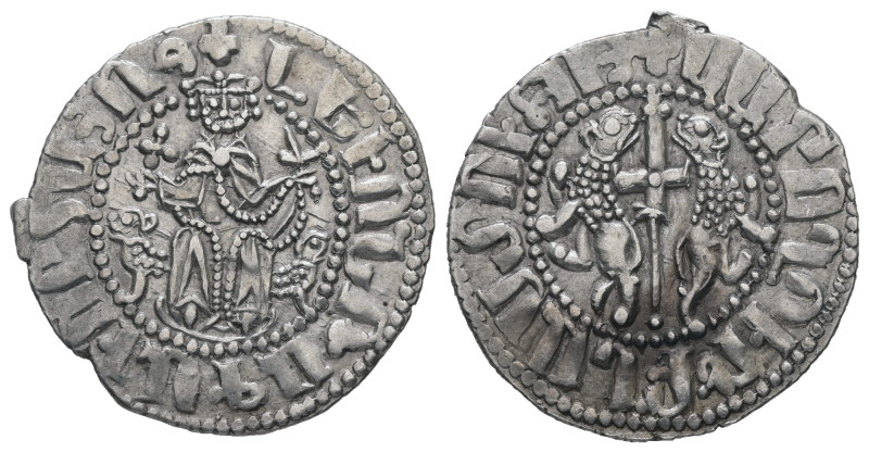Armania. Levon I, AD 1198-1219. AR, Tram. 2.90 g. 23.20 mm.
Obv: ԼԵԻՈՆ ԹԱԳԱԻՈՐ Հ...