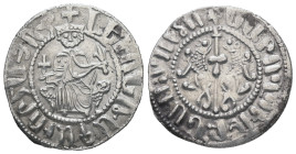 Armania. Levon I, AD 1198-1219. AR, Tram. 2.89 g. 22.32 mm.
Obv: ԼԵԻՈՆ ԹԱԳԱԻՈՐ ՀԱՅՈՑ. (Translation: Levon King of the Armenians). King seated on thron...