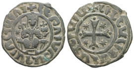 Armenia. Hetoum I, AD 1226-1270. AE, Tank. 8.28 g. 29.54 mm. Sis. 
Obv: Hetoum seated facing on throne, holding fleur-de-lis in his right hand and glo...
