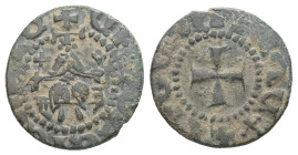 Armenia. Cilician Armenia. Levon IV, AD 1320-1342. AE, Pogh. 1.64 g. 15.61 mm.
Obv: Levon seated facing, holding cross and sceptre. 
Rev: Cross potent...
