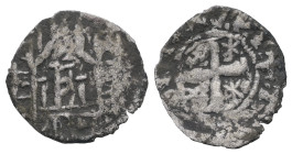Anonymous. “Politikon" coinage. AD 1320-1350 (?). BI, Tornese. 0.28 g. 14.49 mm.
Obv: City walls with two guard towers, gabled centre behind; cross an...