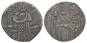 Republic of Venice. AR Grosso. 1.55 g. 18.25 mm. Venice.
Obv.: Doge (duke) stands facing receiving banner from patron saint St. Mark.
Rev.: Facing fig...