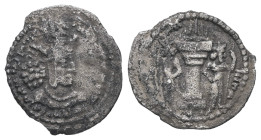 Sasanian Empire. AR. 0.54 g. 14.56 mm. 
Obv.: King’s bust to right.
Rev.: Sasanian-style fire altar flanked by two attendants.
Very Fine.