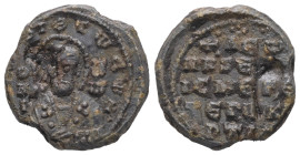 PB Byzantine seal of Leo (AD 10th – 11th century)
Obv.: Bust of St Nicholas offering a blessing. Inscription at left and right. Along the circumferen...