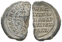 PB Byzantine seal of Constantine (imperial proto?)spatharios and epi you manglaviou (AD 10th century)
Obv.: A patriarchal cross, adorned with fleuron...