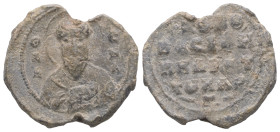 PB Byzantine seal of Basil (AD 11th century)
Obv.: Half-length figure of St Basil offering a blessing and holding the Gospels; sigla on either side: ...