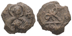 PB Byzantine seal (AD 6th – 7th century)
Obv.: Between two crosses, a bust of the Mother of God holding the Child before her. Wreath border.
Rev.: M...