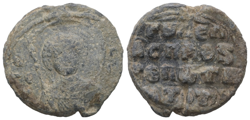 PB Byzantine seal of Goudeles (AD 11th century)
Obv.: Half-length of St George ...