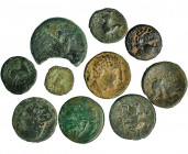 10 monedas de Ausesken: as, semis, mitad (3), cuadrate y unidad (4). Una de ellas incompleta. RC/BC+.