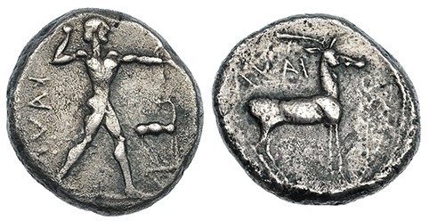 BRUTTIUM. Kaulonia. Estátera (480-388 a.C.). A/ Apolo a der., delante, ciervo co...
