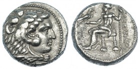 MACEDONIA. Alejandro III. Ake. Tetradracma ( 318-317 a.C.). A/ Busto a derecha de Heracles con piel de león. R/ Zeus entronizado a izq. con águila y c...
