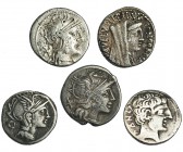 4 denarios: Aemilia, Afrania, Mallia, Marcia y 1 denario de Bascunes. Total 5 monedas. Calidad media MBC-.