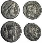 4 monedas: denario. quinario y victoriatos (2). Una de llas partida. BC+/MBC-.