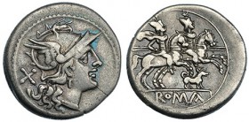 ACUÑACIONES ANÓNIMAS. Denario. Roma (200-195 a.C.). A/ Cabeza de Roma a der., detras: X. R/ Los Dioscuros a caballo a der., encima, estrella, debajo, ...