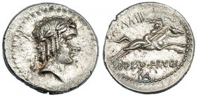 CALPURNIA. Denario. Roma (90-89 a.C.). A/ Número detrás de la cabeza. R/ Número encima del jinete, debajo: L. PISO FRVGI; ROMA en monograma. FFC-232. ...
