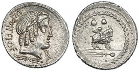 FONTEIA. Denario. Taller auxiliar de Roma (85 a.C.). A/ Cabeza laureada de Apolo Vejovis a der., debajo, haz de rayos, delante: ROMA en monograma, det...