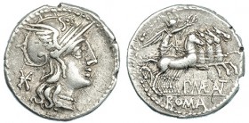 MAENIA. Denario. Roma (132 a.C.). R/ Ley.: P. MAE. ANT., en el exergo: ROMA. FF-831. SB-7. MBC.