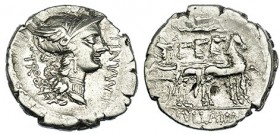 MANLIA. Denario. Acuñación oriental (82 a.C.). R/ Sila en cuádriga a der., coronado por la Victoria; L. SVLLA IMP. FFC-841. SB-5. MBC+/MBC-.