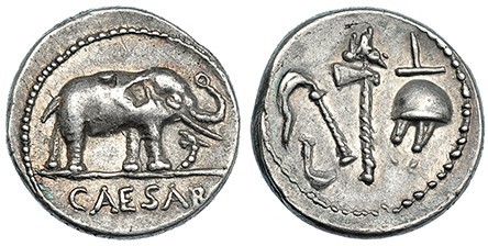 JULIO CÉSAR. Denario. Galia (54-51 a.C.). A/ Elefante sobre carnix, debajo: CAES...