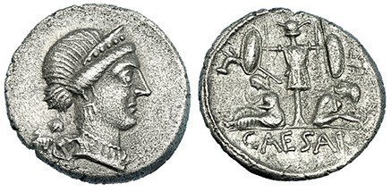 JULIO CÉSAR. Denario. Galia (46-45 a.C.). A/ Cabeza diademada de Venus a der., d...