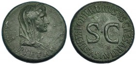 LIVIA, esposa de Augusto. Dupondio. Roma (22-23 d.C.). A/ Busto velado, drapeado y diademado de Livia a der., debajo: PIETAS. R/ S.C., alrededor: DRVS...