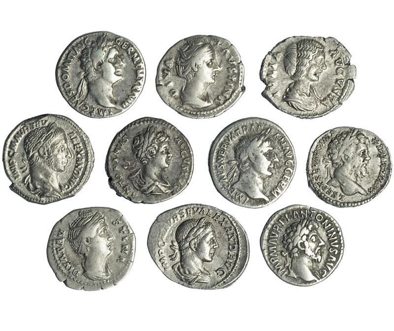 10 denarios: Domiciano, Trajano, Faustina madre (2), Marco Aurelio, Caracalla, S...