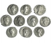 10 denarios: Domiciano, Trajano, Faustina madre (2), Marco Aurelio, Caracalla, Septimio Severo, Alejandro Severo (2) y Julia Domna. Mbc-/mbc+.