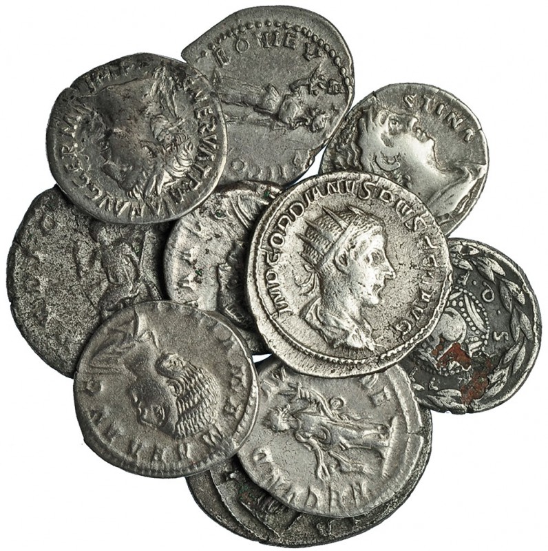10 monedas: 1 denario de República forrado, 6 denarios imperiales y 3 antoninian...