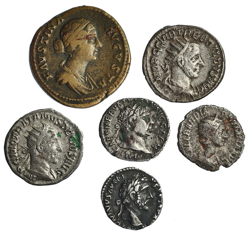 6 monedas: 3 denarios, 2 antoninianos y un as. Trajano. Antonino Pío, Orbiana, T...