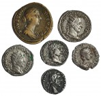 6 monedas: 3 denarios, 2 antoninianos y un as. Trajano. Antonino Pío, Orbiana, Trajano Decio, Treboniano Galo y Faustina hija. BC+/MBC-.