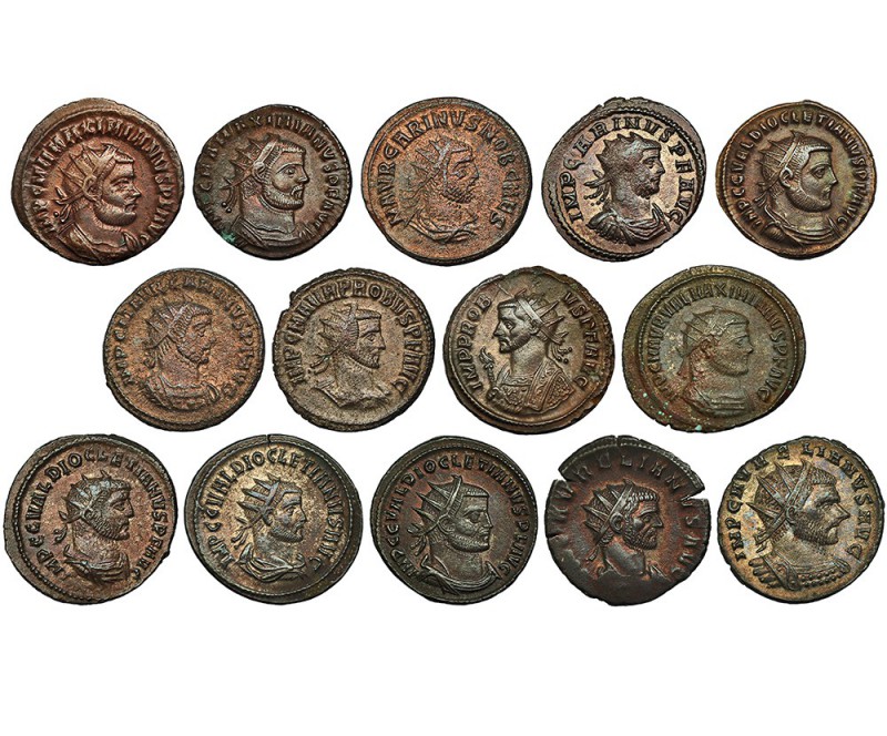 14 antoninianos: Aureliano (2), Probo (2), Carino (3), Diocleciano (4) y Maximia...
