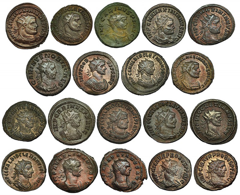 19 antoninianos: Aureliano (2), Probo (3), Carino (4), Diocleciano (6), Maximian...