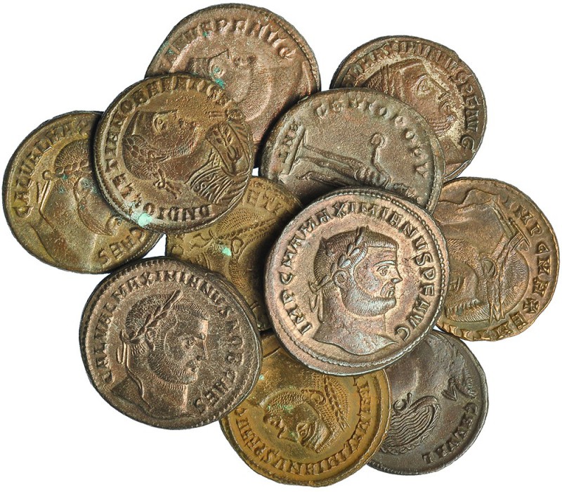 12 monedas: Diocleciano (4), Maximiano (4), Maximino, Majencio (2), Galeria Vale...