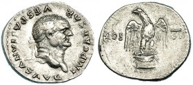 VESPASIANO. Denario. Roma (76). A/ Busto laureado a der. R/ Águila de frente con la cabeza a izq. y alas explayadas sobre pedestal; COS. VII. RIC-99. ...