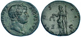 ADRIANO. Sestercio. Roma (125-128). A/ HADRIANVS AVGVSTVS. R/ La Equidad con balanza y cetro; COS. III S.C. RIC-637. CH-385. Pátina verde con pequeñas...
