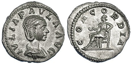 JULIA PAULA, esposa de Heliogábalo. Denario. Roma (220). R/ Ley. CONCORDIA. A/ I...