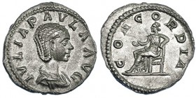 JULIA PAULA, esposa de Heliogábalo. Denario. Roma (220). R/ Ley. CONCORDIA. A/ IVLIA PAVLA AVG. RIC-211 vte., sin estrella. EBC/EBC-. Rara.