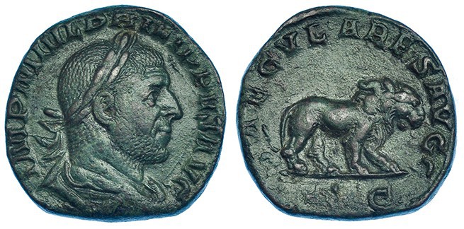 FILIPO I. Sestecio. Roma (245). R/ León a der.; SAECVLARES AVGG, S.C. RIC-158. C...