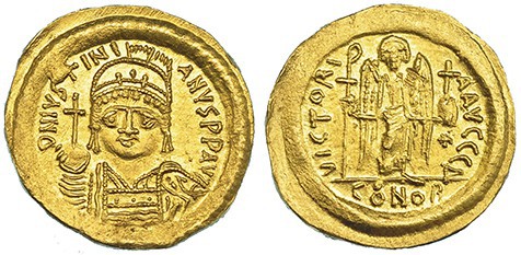 JUSTINIANO I. Sólido (527-565). Constantinopla. R/ Ángel de frente con báculo te...