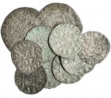 10 vellones: Fernando IV, 5 pepiones; Sancho IV, cornado; Alfonso XI, cornado; Enrique IV , 2 cuartillos; dinero, Bearn, III-166. Calidad media. MBC.