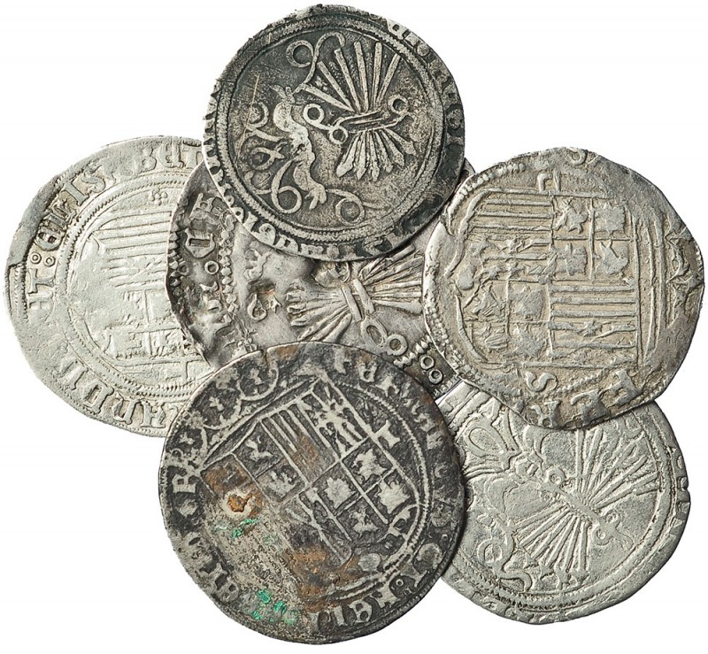 6 monedas de real: Granada, Sevilla (2) y Toledo (3). Uno con contramarcas. Cali...
