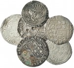 6 monedas de real: Granada, Sevilla (2) y Toledo (3). Uno con contramarcas. Calidad media MBC-.