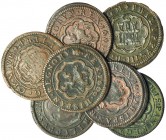 7 monedas de 4 maravedís: 1598 con resello VIII, 1599 con y sin resello, 1660-C, 1601-C y 1602-C con y sin resello. MBC-/MBC+.